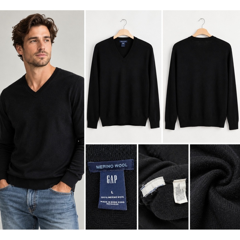 Vintage GAP 100% Merino Wool Sweater Mens L Black V Neck Y2K Preppy Minimalist
